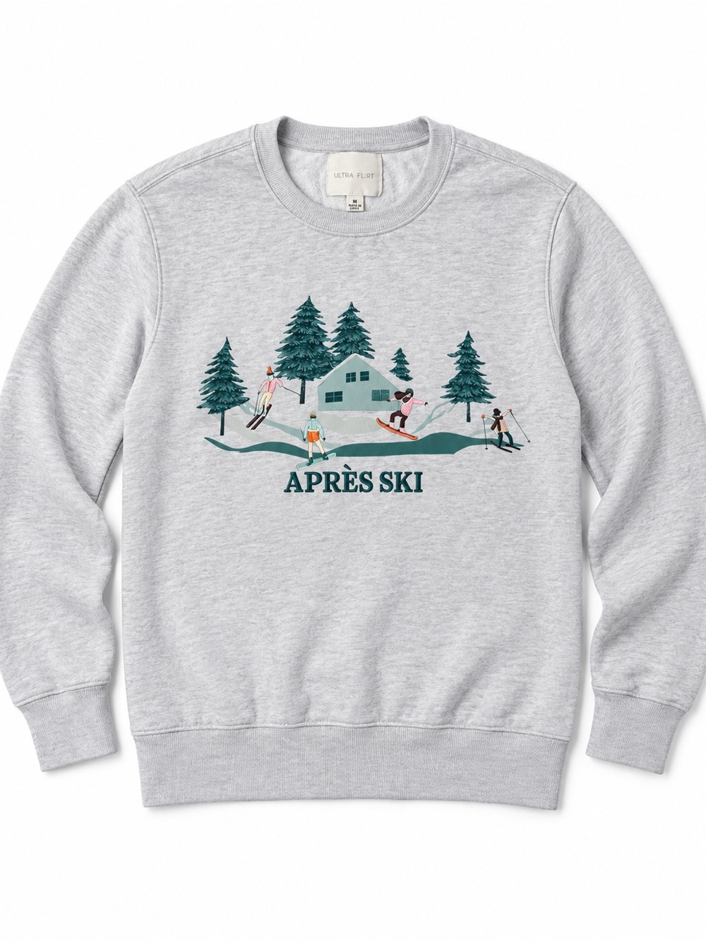 Ultra Flirt Light Gray Crewneck Sweatshirt with Teal and Green Ski Graphic